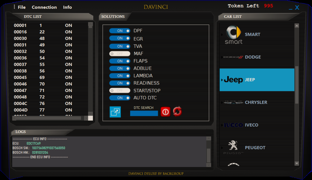 DaVinci Deluxe ECU Diagnostics Software Interface showing DTC analysis, guided strategies, and calibration tools for professional automotive diagnostics